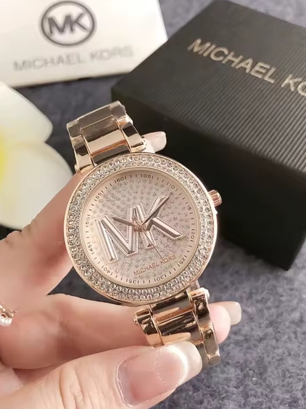 Michael Kors Rose Gold Tone Crystal MK Logo Bracelet Watch